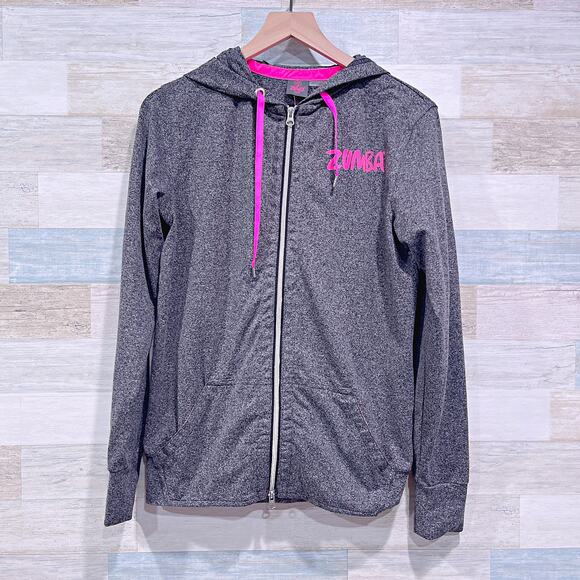 ZUMBA Elegance Full Zip Logo Hoodie Gray Pink Kangaroo Pocket Womens Small - Picture 1 of 9